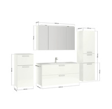Badezimmermöbelset mit Waschtischunterschrank, Spiegelschrank und Hochschränken inklusive Maßangaben