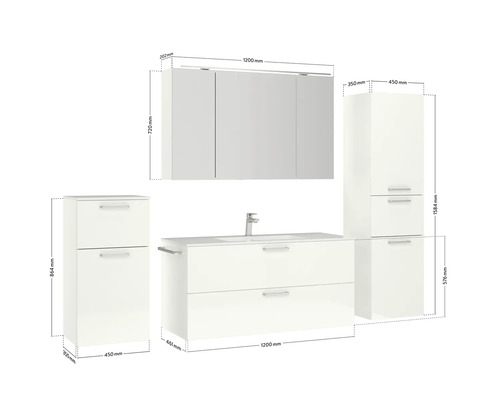 Ensemble de meubles de salle de bain avec meuble sous-vasque, armoire de toilette et armoires hautes avec indications de dimensions