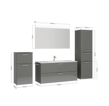 Badezimmerensemble mit Waschtischunterschrank, Spiegelschrank und Hochschränken mit Maßangaben