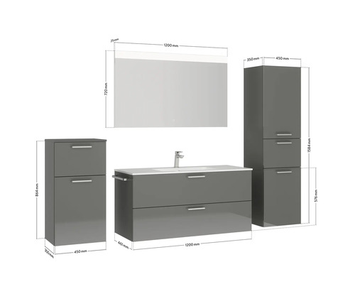 Ensemble de salle de bains avec meuble sous-lavabo, armoire de toilette et armoires hautes avec dimensions