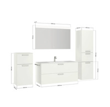 Badezimmer-Set mit Waschbeckenunterschrank, Spiegelschrank und Hochschränken mit Maßangaben.