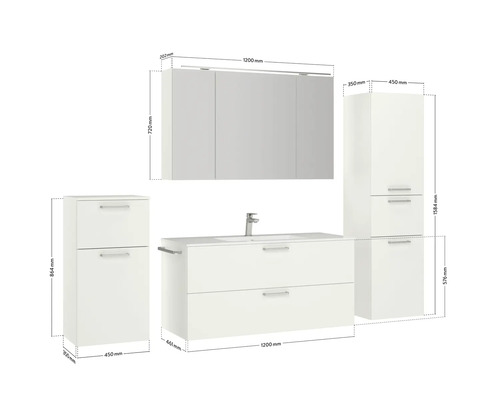 Badezimmermöbelset mit Waschtischunterschrank, Spiegelschrank und Hochschränken mit Maßangaben