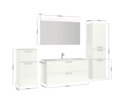 Badezimmermöbel-Set mit Waschtisch, Spiegelschrank und zwei Hochschränken mit Maßangaben