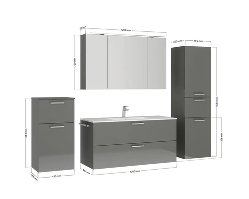 Badezimmer Set mit Waschtischunterschrank, Spiegelschrank und Hochschränken mit Größenangaben