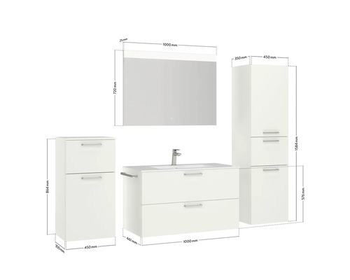 Badezimmermöbelset mit Waschtisch, Spiegelschrank und Hochschränken mit Maßangaben