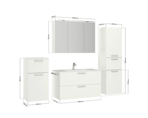 Badezimmer-Set mit Waschtischunterschrank, Spiegelschrank und Hochschränken mit Maßangaben
