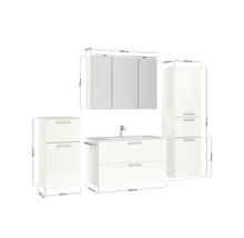 Komplette Badezimmereinrichtung mit Waschbeckenunterschrank, Spiegelschrank und Hochschränken mit Maßangaben
