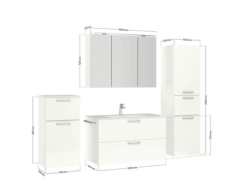 Komplette Badezimmereinrichtung mit Waschbeckenunterschrank, Spiegelschrank und Hochschränken mit Maßangaben