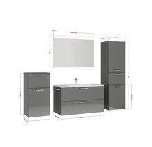 Badezimmermöbelset mit Waschtischunterschrank, Spiegelschrank und Hochschränken mit Maßangaben