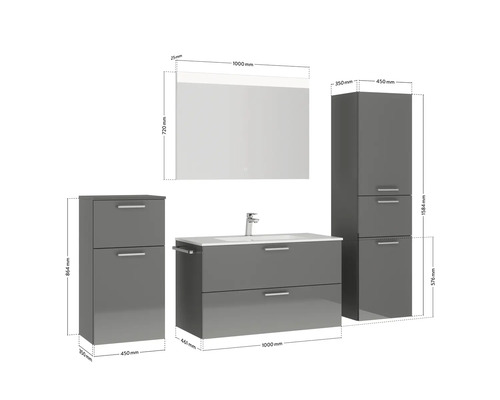 Ensemble de meubles de salle de bains avec meuble sous-vasque, armoire de toilette et armoires hautes avec dimensions