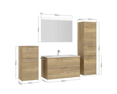 Ensemble de meubles de salle de bains avec meuble sous-lavabo, armoire de toilette et armoires hautes avec dimensions