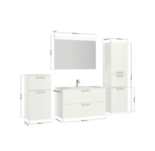 Badezimmermöbelset mit Waschtisch, Spiegelschrank und Hochschränken mit Maßangaben