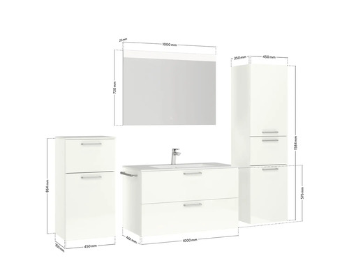 Badezimmermöbelset mit Waschtisch, Spiegelschrank und Hochschränken mit Maßangaben