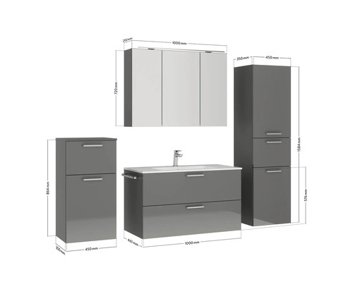 Badezimmer-Set mit Waschtischunterschrank, Waschbecken, Spiegelschrank und zwei Hochschränken mit Maßangaben