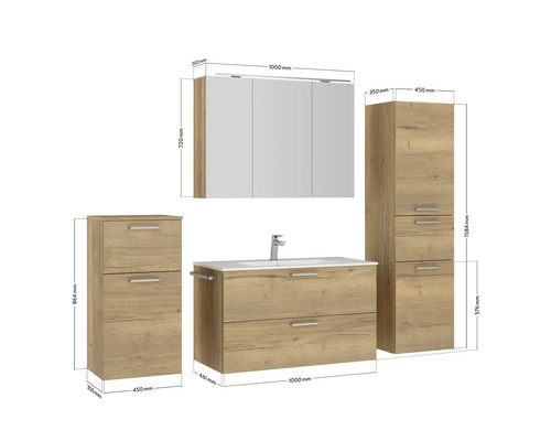 Ensemble de meubles de salle de bains avec lavabo, armoire de toilette et deux armoires hautes