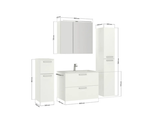 Badezimmermöbelset mit Waschtisch, Waschbecken, Spiegelschrank und Hochschränken inklusive Maßangaben