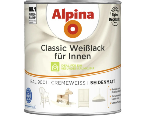 Alpina Classic Weißlack für Innen, seidenmatt, RAL 9001 Cremeweiß, Lackdose