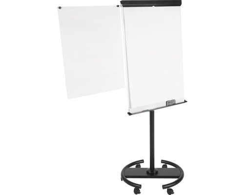 Flipchart mit Rollen und ausklappbarem Seitenarm.