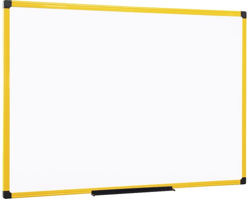 Weißes Whiteboard mit gelbem Rahmen und Stiftehalter