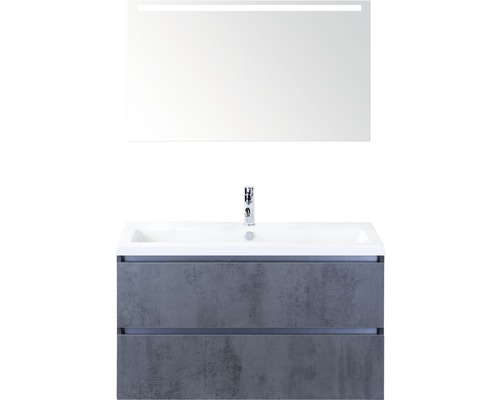 Set de meubles de salle de bains Sanox Vogue lxhxp 101 x 169 x 41 cm couleur de façade béton anthracite avec vasque céramique blanc et vasque céramique meuble sous vasque miroir avec éclairage LED