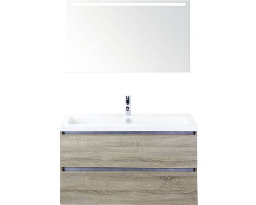 Badmöbel-Set Sanox Vogue BxHxT 101 x 169 x 41 cm Frontfarbe eiche grau mit Waschtisch Keramik weiß und Keramik-Waschtisch Waschtischunterschrank Spiegel mit LED-Beleuchtung