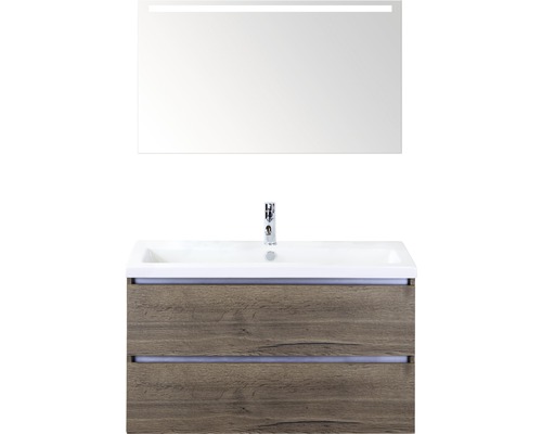 Badmöbel-Set Sanox Vogue BxHxT 101 x 169 x 41 cm Frontfarbe tabacco mit Waschtisch Keramik weiß und Keramik-Waschtisch Waschtischunterschrank Spiegel mit LED-Beleuchtung