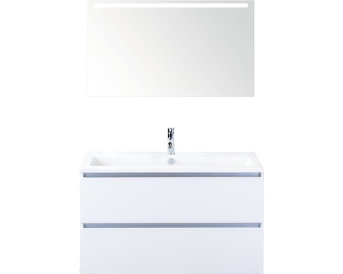 Set de meubles de salle de bains Sanox Vogue lxhxp 101 x 169 x 41 cm couleur de façade blanc haute brillance avec vasque céramique blanc et vasque céramique meuble sous vasque miroir avec éclairage LED