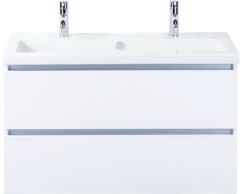 Badmöbel-Set Vogue 100 cm mit Keramikwaschtisch 2 Hahnlöcher weiß hochglanz