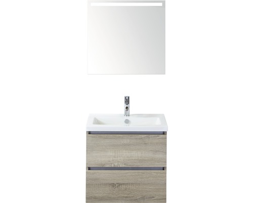 Set de meubles de salle de bains Sanox Vogue lxhxp 61 x 169 x 41 cm couleur de façade chêne gris avec vasque céramique blanc et vasque céramique meuble sous vasque miroir avec éclairage LED