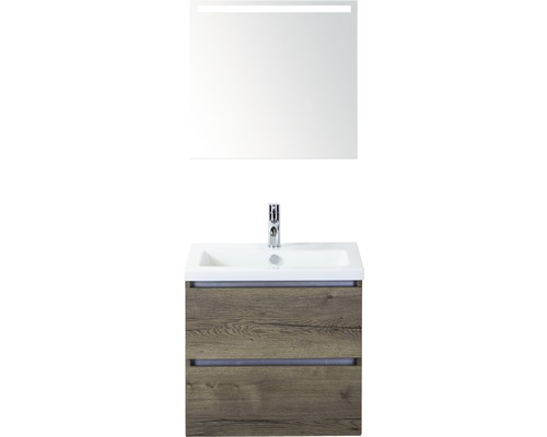 Badmöbel-Set Sanox Vogue BxHxT 61 x 169 x 41 cm Frontfarbe tabacco mit Waschtisch Keramik weiß und Keramik-Waschtisch Waschtischunterschrank Spiegel mit LED-Beleuchtung
