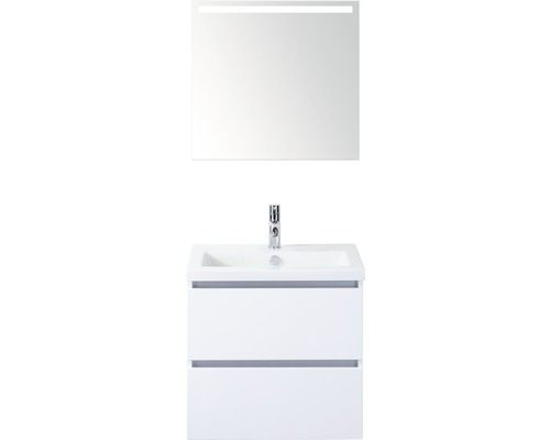 Set de meubles de salle de bains Sanox Vogue lxhxp 61 x 169 x 41 cm couleur de façade blanc haute brillance avec vasque céramique blanc et vasque céramique meuble sous vasque miroir avec éclairage LED