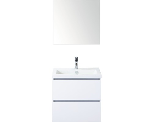 Set de meubles de salle de bains Sanox Vogue lxhxp 61 x 169 x 41 cm couleur de façade blanc haute brillance avec vasque céramique blanc et vasque céramique miroir meuble sous vasque