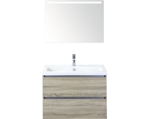 Set de meubles de salle de bains Sanox Vogue lxhxp 81 x 169 x 41 cm couleur de façade chêne gris avec vasque céramique blanc et meuble sous vasque vasque miroir avec éclairage LED