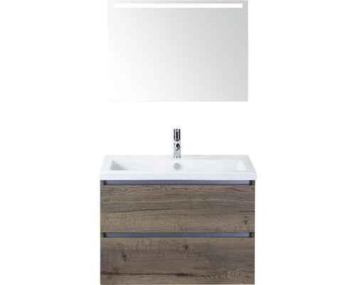 Badmöbel-Set Sanox Vogue BxHxT 81 x 169 x 41 cm Frontfarbe tabacco mit Waschtisch Keramik weiß und Keramik-Waschtisch Waschtischunterschrank Spiegel mit LED-Beleuchtung