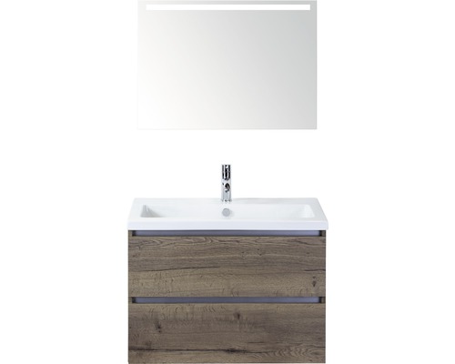 Set de meubles de salle de bains Sanox Vogue lxhxp 81 x 169 x 41 cm couleur de façade tabacco avec vasque céramique blanc et vasque céramique meuble sous vasque miroir avec éclairage LED