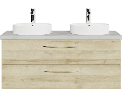 Set de meubles de salle de bains Pelipal Serie 4035 lxhxp 118 x 61,2 x 44,5 cm couleur de façade chêne riviera set de meubles de salle de bains 4 pièces avec vasque en céramique blanc