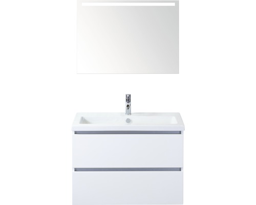 Set de meubles de salle de bains Sanox Vogue lxhxp 81 x 169 x 41 cm couleur de façade blanc haute brillance avec vasque céramique blanc et vasque céramique meuble sous vasque miroir avec éclairage LED