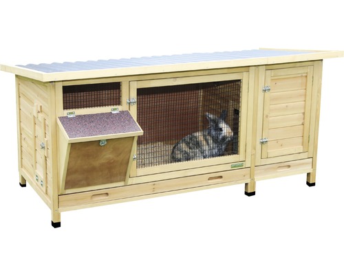 Kaninchenstall XXL Vario mit Heuraufe 155 x 76 x 80 cm lasiert Holz Kaninchenstall mit einem Kaninchen
