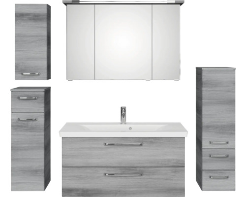 Badmöbel-Set Pelipal Kumba BxHxT 167 x 200 x 51 cm Frontfarbe graphit struktur quer 5-teilig und mehr mit Mineralguss-Waschtisch, Midischrank, Unterschrank und Wandschrank 99.1070225193 Badezimmer Set mit Waschtisch, Spiegelschrank und Hochschränken
