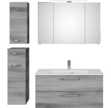 Badezimmerset mit Waschbeckenunterschrank, Spiegelschrank und Hochschrank im Holzdesign