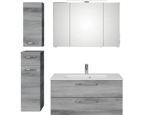 Badmöbel-Set Pelipal Kumba BxHxT 137 x 200 x 50 cm Frontfarbe graphit struktur quer 5-teilig und mehr mit Mineralguss-Waschtisch, Unterschrank und Wandschrank 99.1070126194 Badezimmerset mit Waschbeckenunterschrank, Spiegelschrank und Hochschrank im Holzdesign