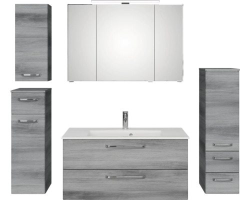 Badmöbel-Set Pelipal Kumba BxHxT 167 x 200 x 50 cm Frontfarbe graphit struktur quer 5-teilig und mehr mit Mineralguss-Waschtisch, Midischrank, Unterschrank und Wandschrank 99.1070126193 Badezimmermöbel-Set mit Waschtischunterschrank, Waschbecken, Spiegelschrank und Hochschränken im modernen Design