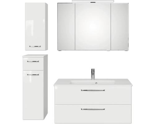 Set de meubles de salle de bains Pelipal Kumba lxhxp 137 x 200 x 50 cm couleur de façade blanc brillant en 5 parties et plus avec vasque en fonte minérale blanc, meuble bas et armoire murale 99.1070126094