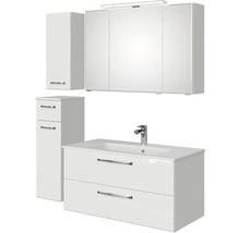 Weißes Badezimmermöbelset mit Waschbeckenunterschrank, Spiegelschrank und Hochschrank