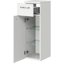 Weißer Badezimmer-Hängeschrank mit Schublade, Tür und Glasböden
