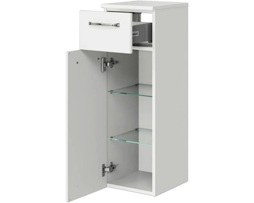 Weißer Badezimmer-Hängeschrank mit Schublade, Tür und Glasböden