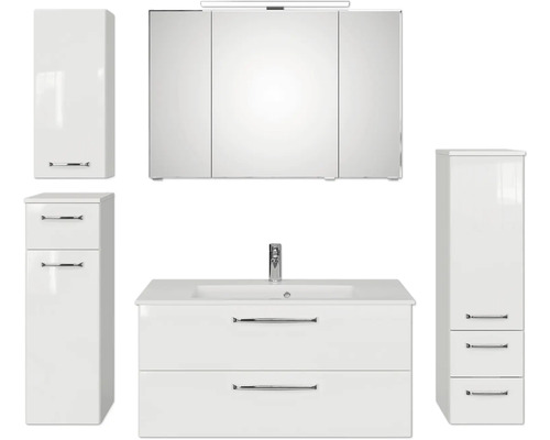 Set de meubles de salle de bains Pelipal Kumba lxhxp 167 x 200 x 50 cm couleur de façade blanc brillant en 5 parties et plus avec vasque en fonte minérale blanc, armoire midi, meuble bas et armoire murale 99.1070126093