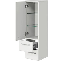 Weißer Badezimmer-Hochschrank mit Tür, zwei Schubladen und Glasböden