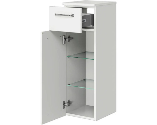 Weißer Bad-Hängeschrank mit Schublade und Glasböden