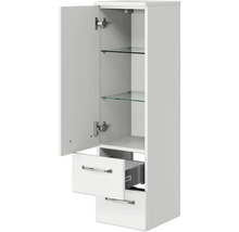 Weißer Bad-Hängeschrank mit zwei Schubladen und Regalböden aus Glas
